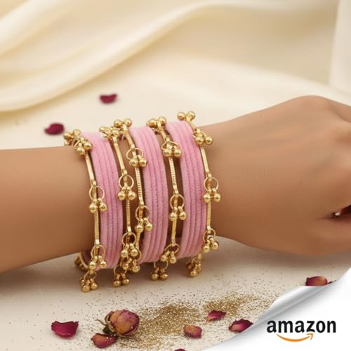KAYASHA Woman's BABY PINK Designer Silk Thread Bangles Set with Ghungroo|Traditional Ethnic Bangles Set for Women|Wedding, Festival & Party bangles|Set of 16 (12 Thread Bangles + 4 Ghungroo Bangles)