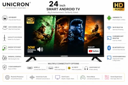 UNICRON 24”INCH Frameless HD Ready Android Smart LED TV | WiFi Enabled | Built-in Apps Compatible (YouTube, Netflix, Prime Video) | Screen-Mirror | HDMI, USB Connectivity & A+