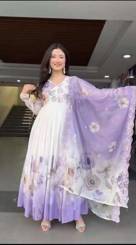 SAMUYA Women’s Fully Stitched Faux Georgette Embroidered Sequence Work Gown – Ready-to-Wear Ethnic Outfit for Parties & Festive Occasions (in, Alpha, XL, Regular) Purple and White