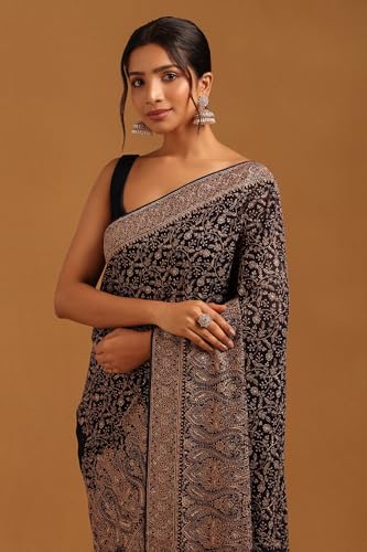 Soch Womens Navy Blue Georgette Botanical Saree With Stone Work
