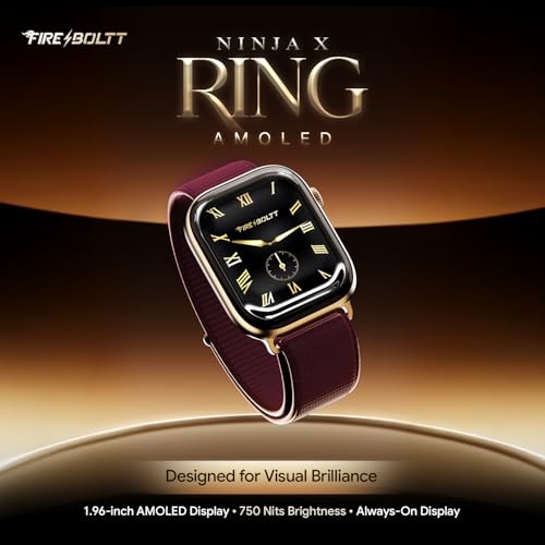 Fire-Boltt Ninja X Ring Smart Watch 1.96" Always On Display Bluetooth Calling, Voice Assistant, SpO2 & Heart Rate, 120+ Sports Modes, IP67 Waterproof Smartwatch for Men & Women - Wine Nylon