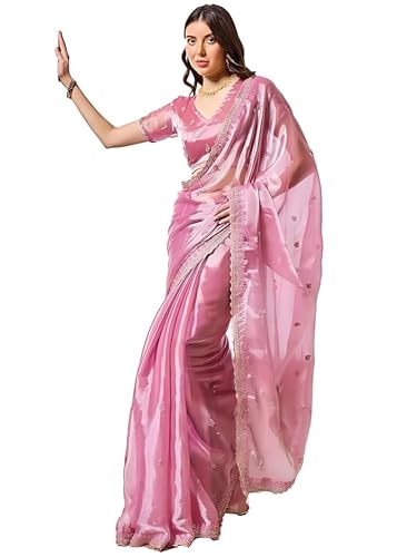 ORHANS Women's Organza Thread & Zari Embroidered Work Saree With Organza Matching Embroidered Work With Unstitched Blouse Piece