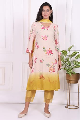 W for Woman Off-White Floral Printed Beaded Modal Straight Kurta, Pants and Dupatta Set - (WS13669-126956-L)