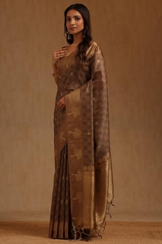 Soch Womens Olive Tussar Floral Woven Design Saree With Zari