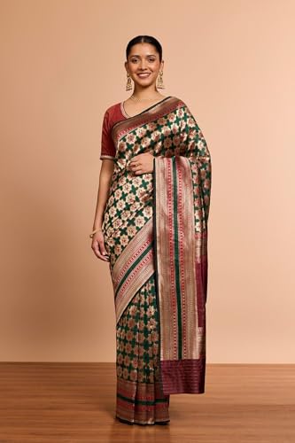Taneira Women Darkgreen Pure Silk Brocade Banaras Saree With Unstitched Blouse Piece (SAIH04AC5696-Dark Green)