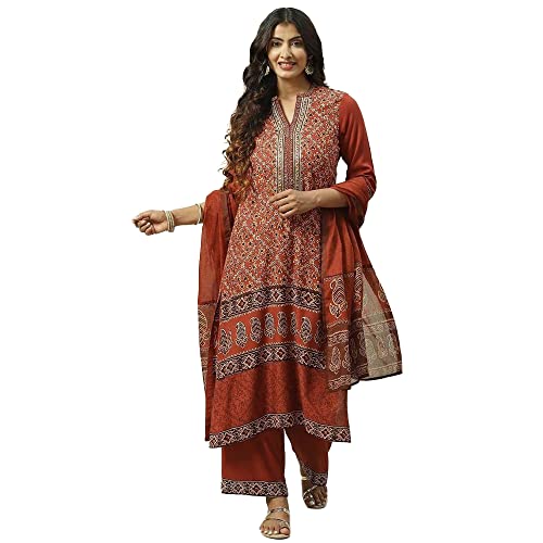 BIBA Polyester Women Printed Straight Salwar Kurta Dupatta(Skd5794_Rust_34)
