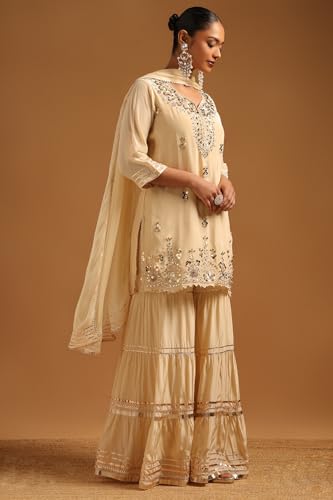Soch Womens Cream Tissue Floral Printed Salwar Suit With Mirror Work