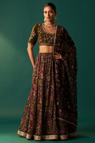 Wishful Women's Green Embroidered Velvet Blouse with Floral Printed Skirt and Dupatta Set (SP12875-223812-XL)