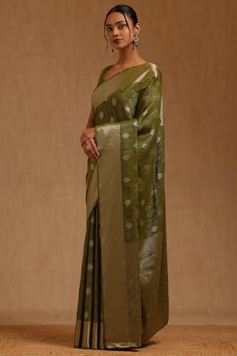 Soch Womens Olive Georgette Ethnic Motifs Zari Woven Saree