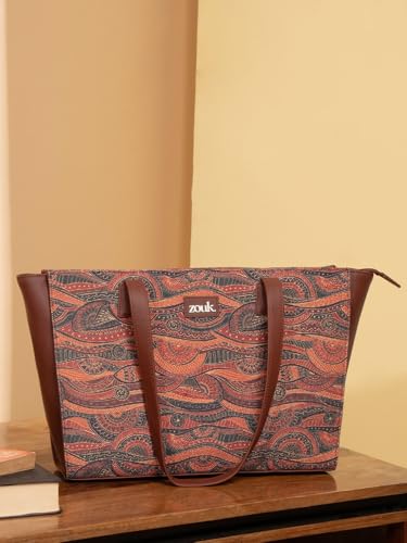 ZOUK Pithora Artistry Abstract Printed Women Jute Vegan Leather Space Blue Office Tote Bag for Ladies With Laptop Compartment