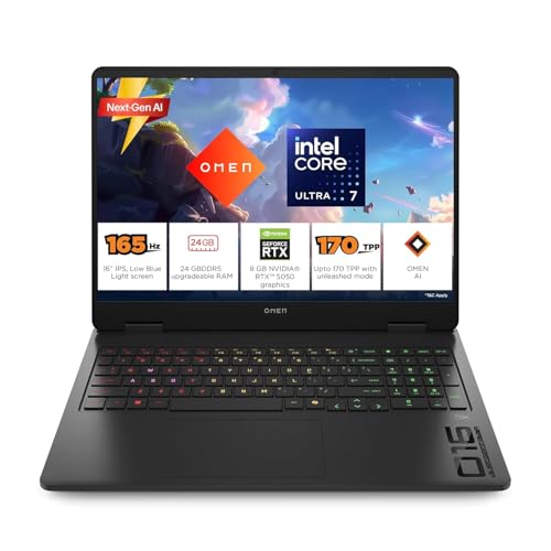 HP Omen 16, Intel Core Ultra 7 255H, 8GB RTX 5050, 24GB DDR5(Upgradeable) 1TB SSD, 2K IPS 165Hz 400 nits, 3ms RT, 16''/40.6cm, Win11, Office24, Black, 2.4kg, am0240tx, Xbox Gamepas* RGB Gaming Laptop