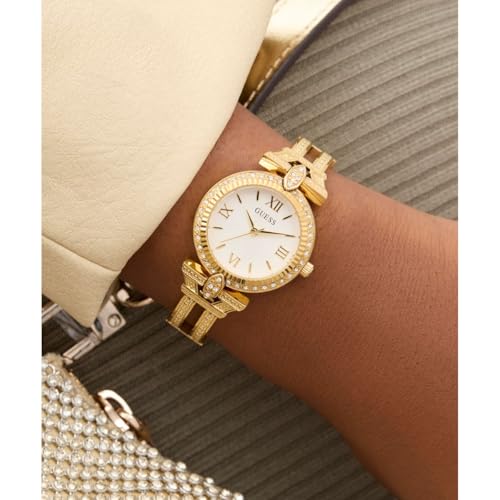 Guess Gb Delphine Analog Watch for Woman with White Round Dial & Gold Tone Recycled Steel Bracelet Band Water Resistant Women's Wrist Watches - GW0864L2