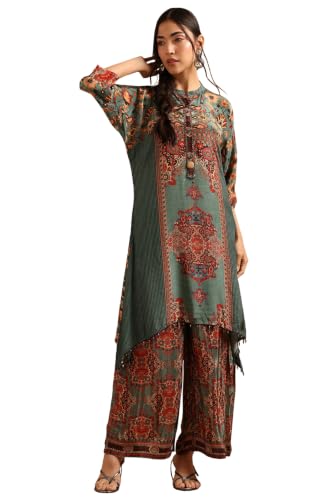 Soch Womens Green Crepe Ethnic Motifs Printed Co-Ord Set With Beads