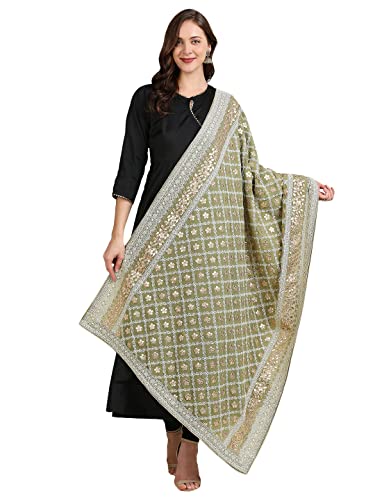 DUPATTA BAZAAR Women's Olive Green Georgette Lucknowi Work dupatta with Gotta Patti Work