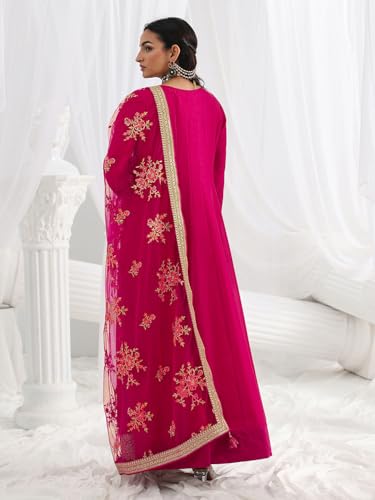 Libas Embroidered Silk Blend A-Line Ethnic Dress with Dupatta-93608L Pink
