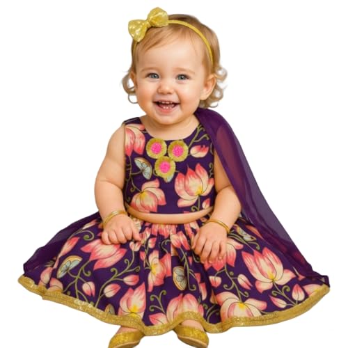 A.T.U.N. (ALL THINGS UBER NICE) Baby Girls Cotton Ethnic Floral Lehenga Choli Set with Lace & Dupatta | Traditional 3-Piece Festive Outfit for Kids