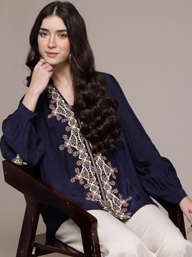 Ritu Kumar Blue Solid Full Sleeve Top with Camisole