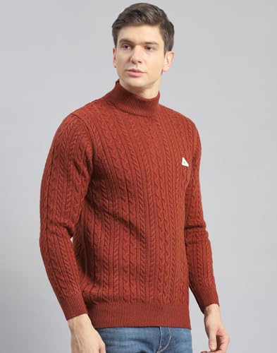 Monte Carlo Leather Brown Self Design T Neck Pullover | Warm Woolen Pullover for Men | Soft Comfortable Knitted Winter Wear Sweater for Men's
