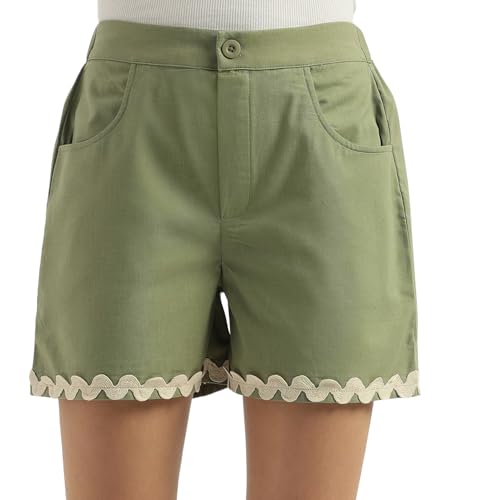 United Colors of Benetton Solid Regular Fit Wavy Lace Detail Shorts (Size: 24)-25P4WVNSK155I26K Green