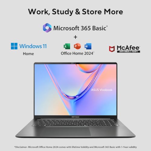 ASUS Vivobook S14 (2026),Intel Core 7 350,NPU up to 17TOPS, Intel iGPU, 16GB RAM, 512GB SSD, FHD+, 14"(35.5 cm),Windows 11, M365 Basic(1Y),Office 2024, Matte Gray, 1.2 Kg, S5452MA-TM197WS,AI Laptop