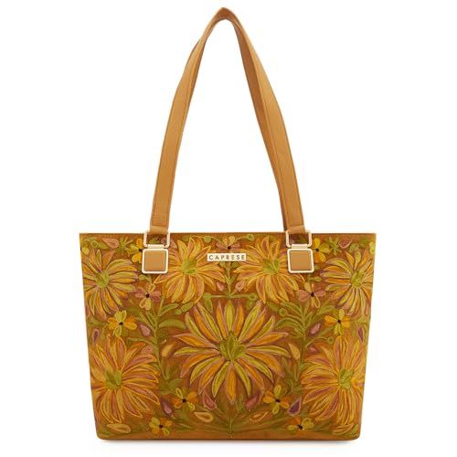 Caprese Siji Tresna Horizontal Medium Tote Bag for Women with Multiple Pockets | Kashida Embroidery Shoulder Bag | Fits Up to 15.6 Inch Laptop | Ideal for Work, Everyday Outings and Travel (Brown)