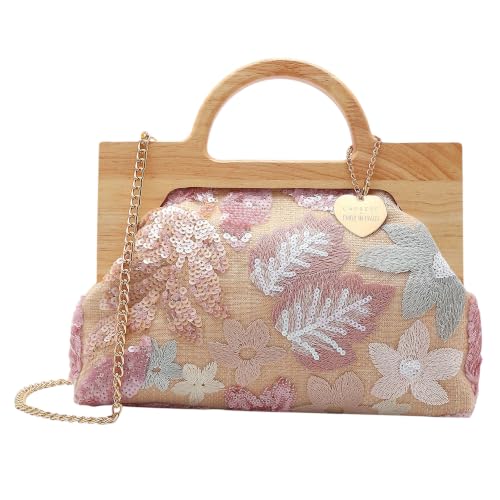 Caprese Emily in Paris Riyo Embroidered Clutch for Women | Medium Handheld Bag with Chain Strap | Faux Leather Evening Clutch | Kiss-Lock Closure | Metal Charm