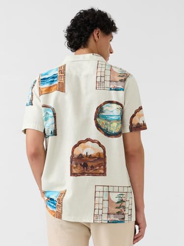 The Souled Store Vintage Pane Men and Boys Short Sleeve Spread Collar Off White All Over Print Easy to Style Casual Funky Lightweight Regular Fit Cotton Holiday Shirt