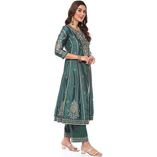 BIBA WOMEN EMBROIDERY STRAIGHT SALWAR KURTA DUPATTA(SKDKINARI7810_DARK GREEN_32)