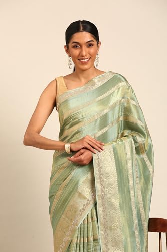 MOHEY Women's Green Organza Stone Work|Zari Saree (Green)