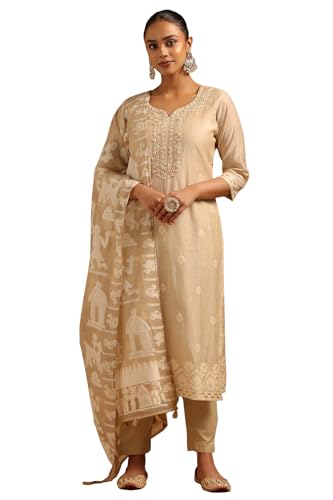 Soch Womens Beige Linen Floral Salwar Suit With Thread Work