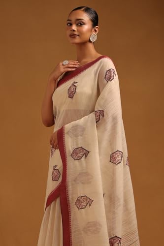 Soch Womens Maroon Chanderi Warli Saree With Hand Embroidery