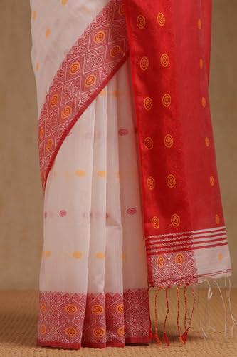 Soch Womens White Cotton Woven Design Saree