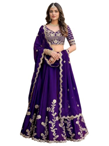 Zeel Clothing Women's Thread and Sequins Embroidered Work Silk Lehenga Choli With Dupatta (5135-Purple-Women-Lehenga-Choli-Latest; Free size) (Purple)