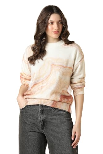 Women Beige Print Round Neck Casual Sweater