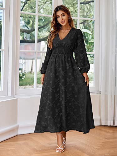 Simplee Women's Bridesmaid Wedding Guest Formal Maxi Dress Boho Floral Flowy Long Dress V Neck Long Sleeve Ruffle Dress, 1#black, Medium