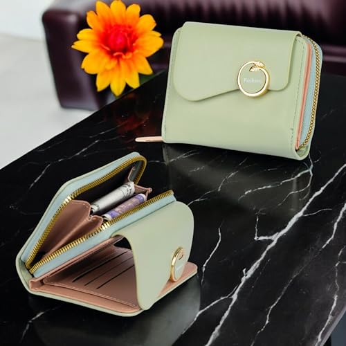 PRANIJ Small Leather Bifold Wallet for Women Fashion Compact Slim Credit Card Holder with Zipper Coin Pocket, Mini Clutch Purse for Girls (Pale Green)
