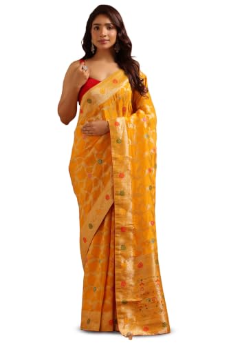 Soch Womens Yellow Crepe Floral Zari Woven Saree