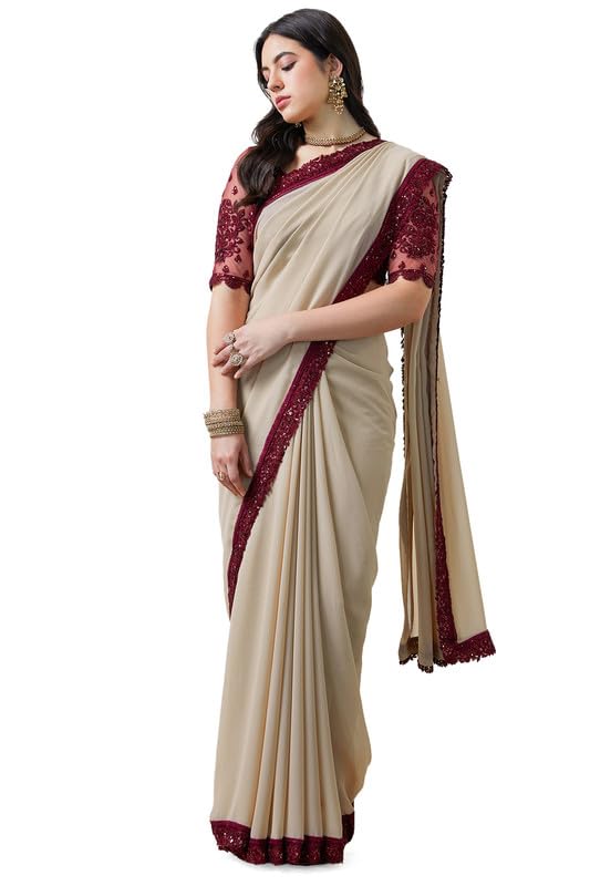 Soch Womens Beige Sequin Lace Border Georgette Saree