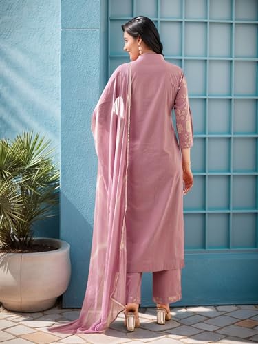V4M Women's Lavender Pure Cotton Embroidered Floral Printed Straight Kurta Set With Dupatta