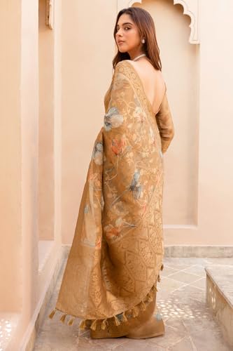 Soch Womens Brown Chanderi Floral Print Saree With Zari Woven