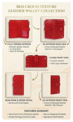 Calfnero Women’s Genuine Leather Croco Embossed Wallet | Long Clutch Wallet with Multiple Card Slots, ID Window & Dual Zip Compartments