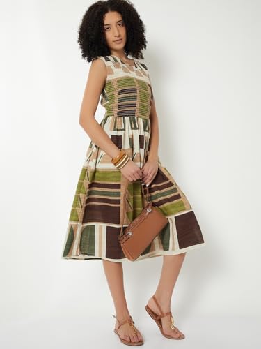 Max Kalki X Max Women Printed Smocked Midi Dress(Green_XL)