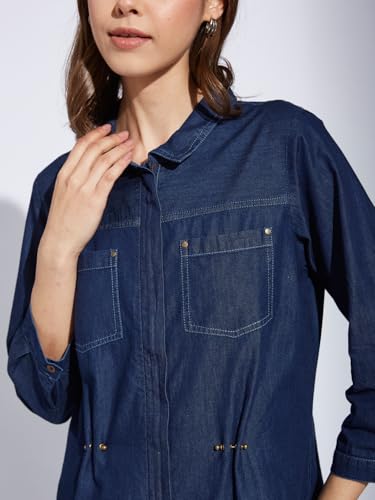 Latin Quarters Women's Blue 3/4Th Sleeves Collared Casual Solid Shirt_S