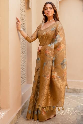 Soch Womens Brown Chanderi Floral Print Saree With Zari Woven