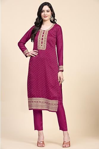 TRENDMALLS Women's Vichitra Silk Embroidery Salwar Suit Set Kurta Pant with Dupatta (G142-Pink-XL)