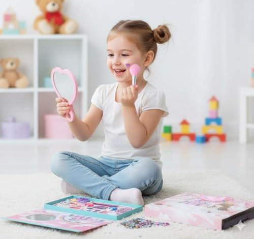 Big Size Kids Washable Makeup Kit Fold-Out Makeup Palette with Mirror Non-Toxic & Safety Tested Pretend Cosmetic Toy Set for Girls Washable Play Makeup Gift for Kids