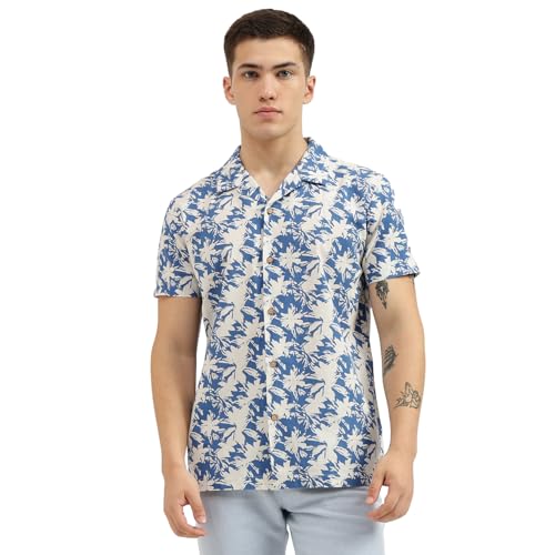 UNITED COLORS OF BENETTON Regular Fit Spread Collar Botanical Print Shirts (Size: M)-24P5BS71U008I901 Blue