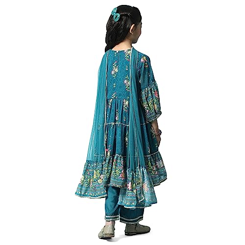 Biba Girls PRINTED TIRED KURTA KID(KW5449_TEAL_7)
