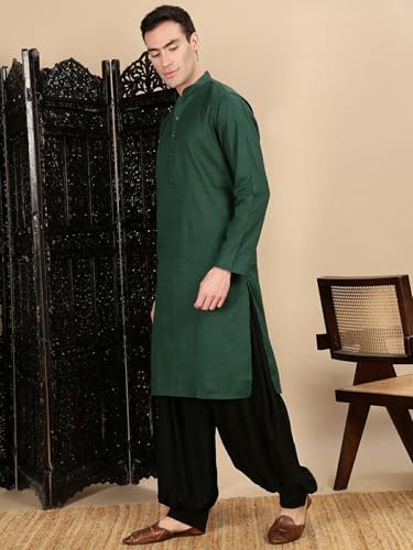 Sanwara Handcrafted Deep Green Cotton Kurta Set Men’s Choice for Navratri Diwali Festivals