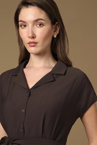 Women Brown Solid Knee Length Casual Dress